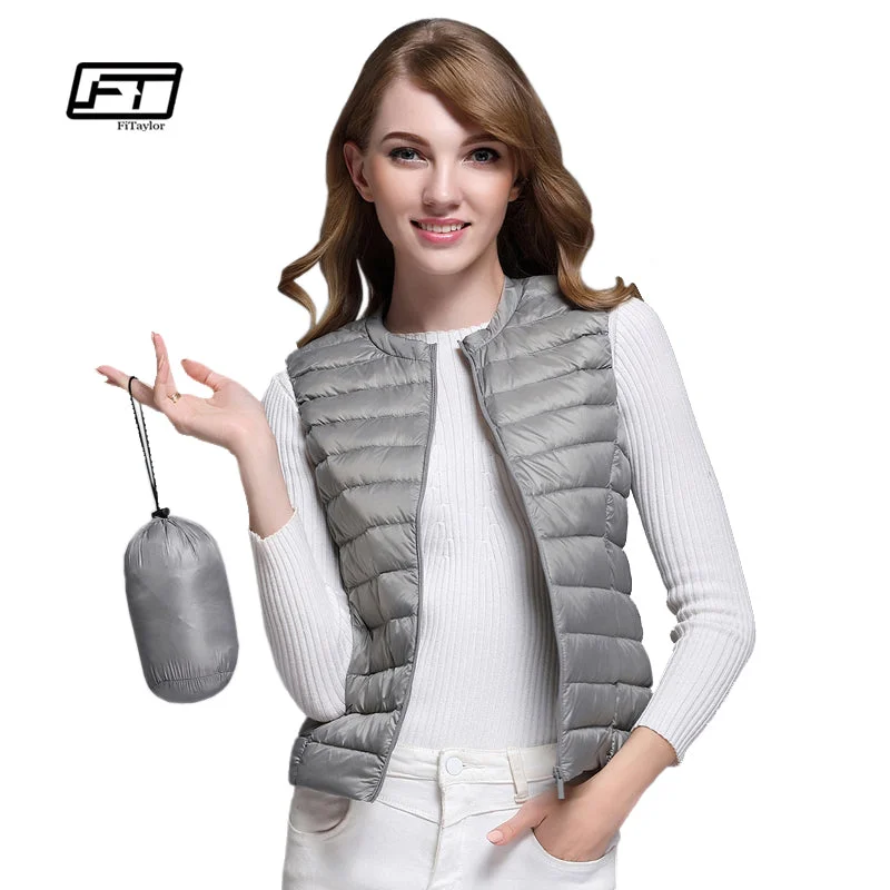 soft shell jackets for women -women's ribbed tops -Fitaylor New Women 90% White Duck Down Vest Women Ultra Light Duck Down Vest Jacket Autumn Winter Round Collar Sleeveless Coat