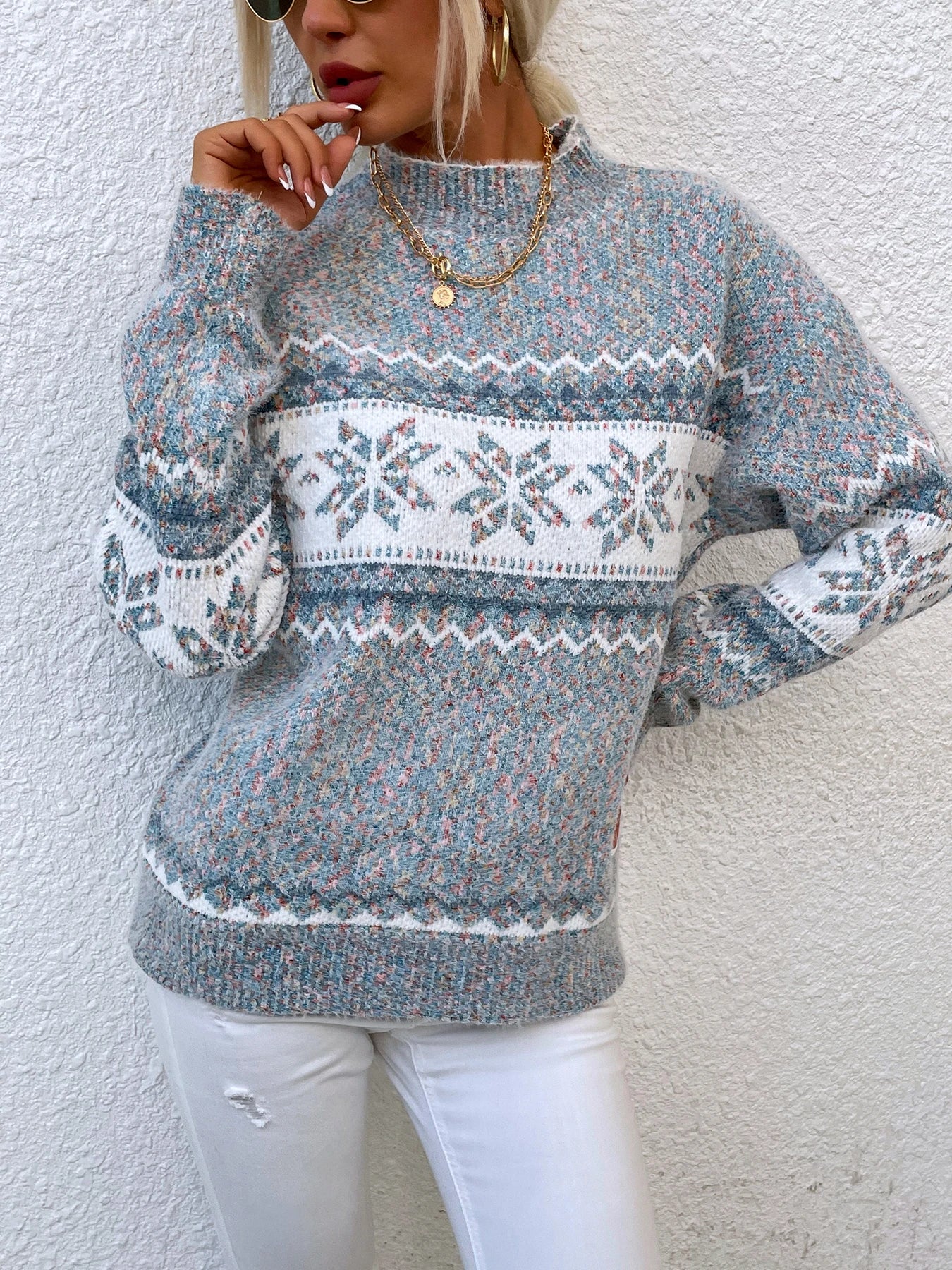 casual loose blouses for women -Autumn Winter Warm Festival Deer Jacquard High Knitted Sweater