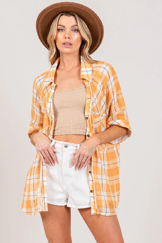 ruched tops for women -SAGE + FIG Plaid Button Up Side Slit Shirt