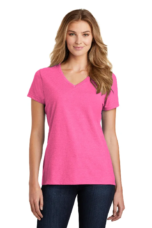 modest tops for women -Port & Company Womens Fan Favorite Short Sleeve V-Neck T-Shirt - Heather Neon Pink