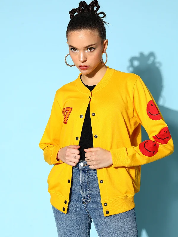 high collar coats for women -casual blouses with sleeves -Women Yellow Terry 07 Embroidered Varsity Jacket