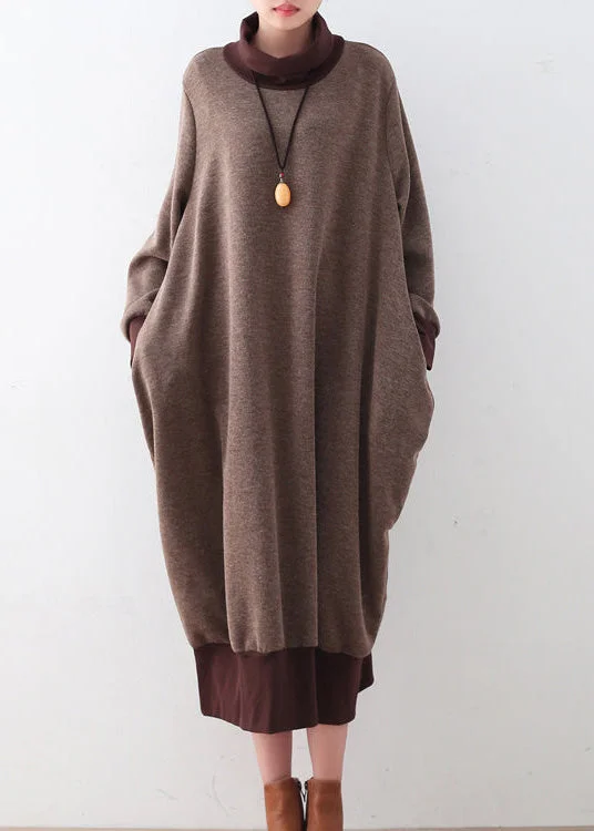 women's off-shoulder tops -Chunky brown sweater dresses Loose fitting pullover boutique high neck winter dress patchwork