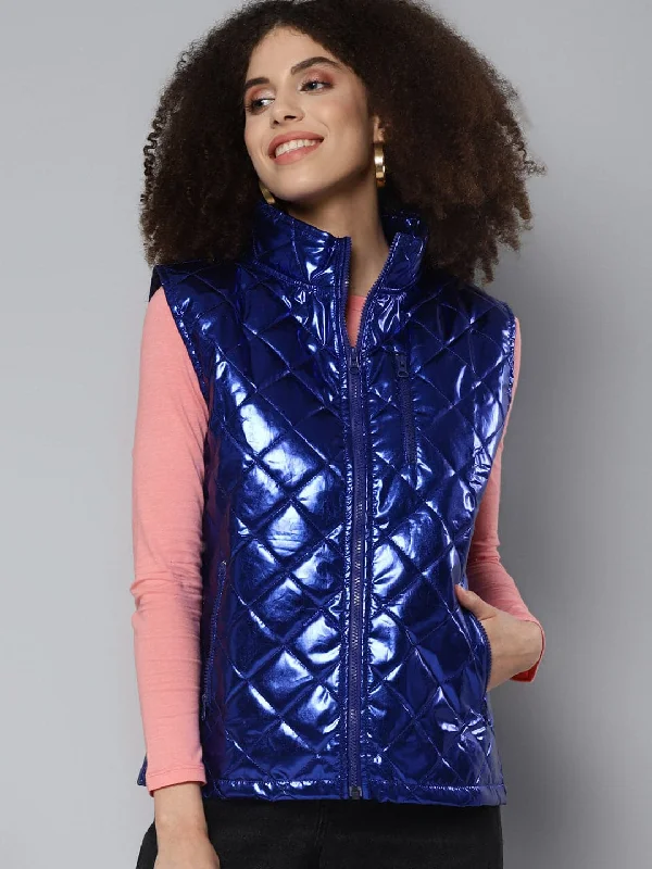 leopard print coats for women -women's henley shirts -Royal Blue Metallic Sleeveless Puffer Jacket