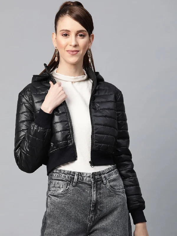 quilted bomber jackets for women -long tunic tops for leggings -Black Hooded Crop Bomber Puffer Jacket