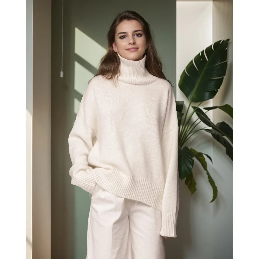 women's work blouses -Thickened Knitwear Loose Turtleneck Warm Solid Pullover Sweater