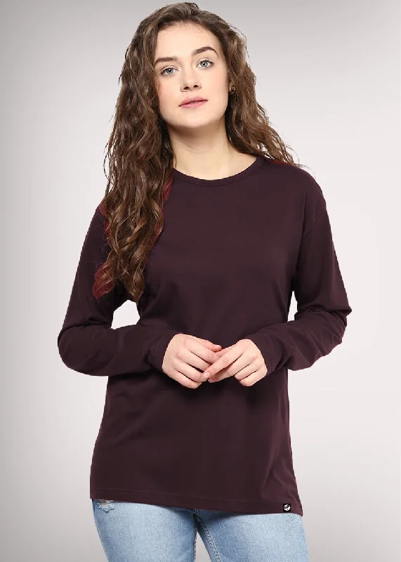 women's henley shirts -Solid Women Full Sleeve T-Shirt - Wine