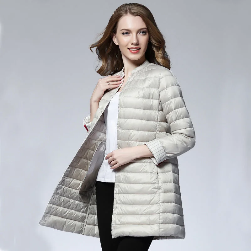 vintage-inspired jackets for women -peplum tops for women -Woman Spring Padded Warm Coat Ultra Light Duck Down Jacket Long Female Overcoat Slim Solid Jackets Winter Coat Portable Parkas