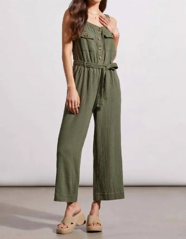 high rise pants for women -boho style tops for women -Cotton Gauze Belted Jumpsuit In Fern Green