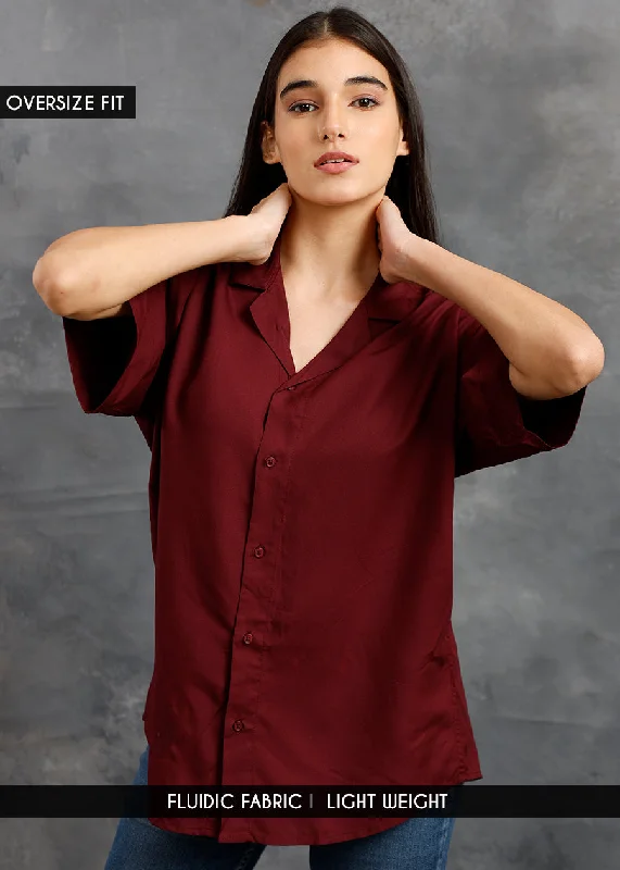 fitted blouses for women -Solid Womens Fluidic Oversized Shirt - Wine