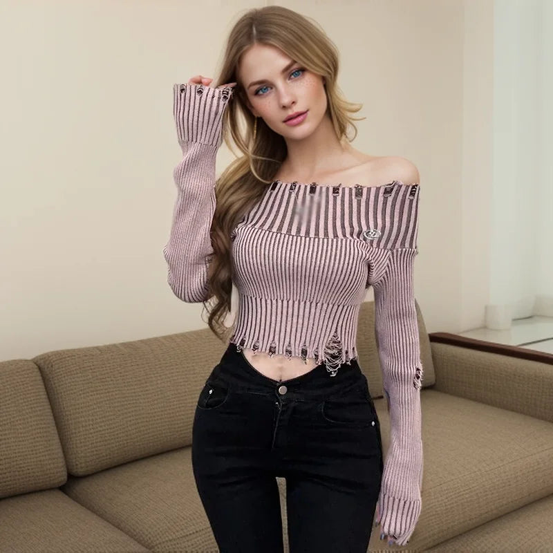 women's long sleeve blouse -Spring Autumn Off Shoulder Solid Hole Slim Sexy Knitted Sweater