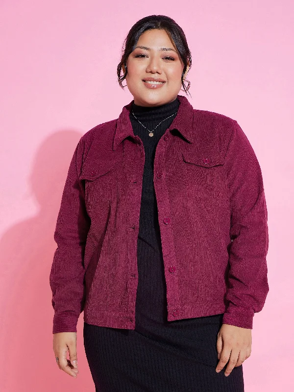 thick winter coats for women -women's mesh tops -Women Burgundy Corduroy Button Jacket