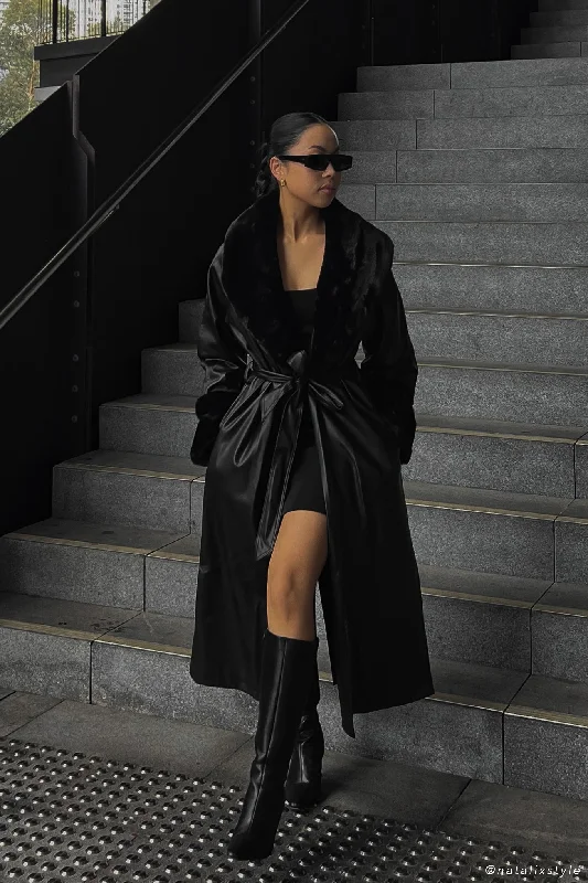 sleeveless coats for women -women's satin blouses -Rebekah Oversized Pu Trench Coat With Fur Trim - Black