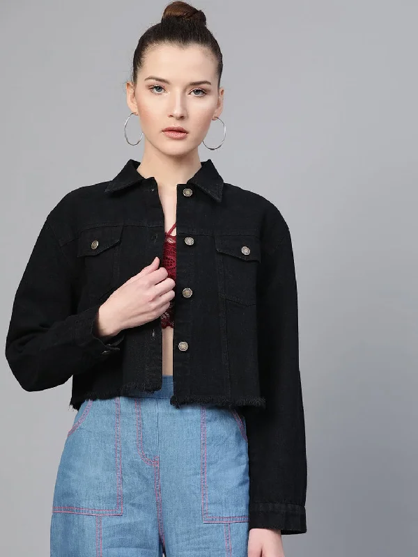 elegant fitted coats for women -cold shoulder tops for women -Black Denim Raw Edge Jacket