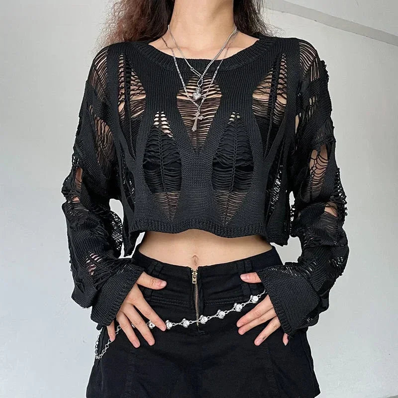 fitted blouses for women -Vintage Hole Ripped Sexy Fashion Cropped Hollow Spring Sweater