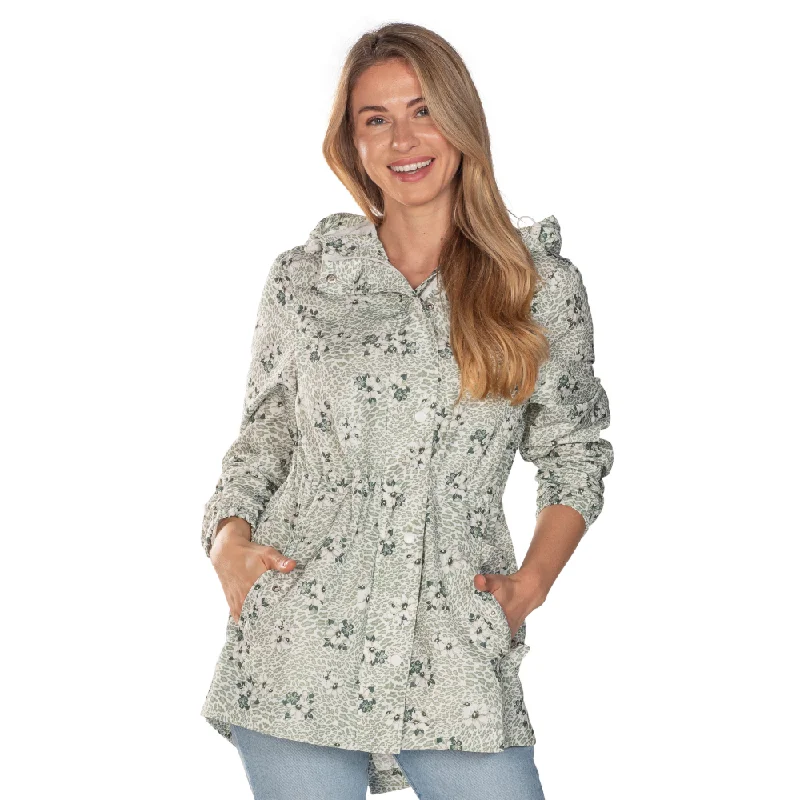 women's denim jackets -lace-up tops for women -Sage Floral Hooded Drawstring Raincoat