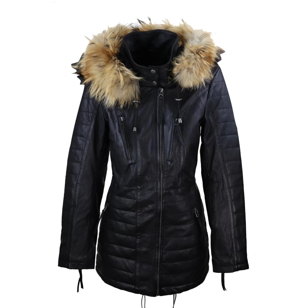 classic trench coats for women -sleeveless blouses for work -Ladies Real Leather Black Trench Mid Length Hood Raccoon Fur Winter Retro Jacket