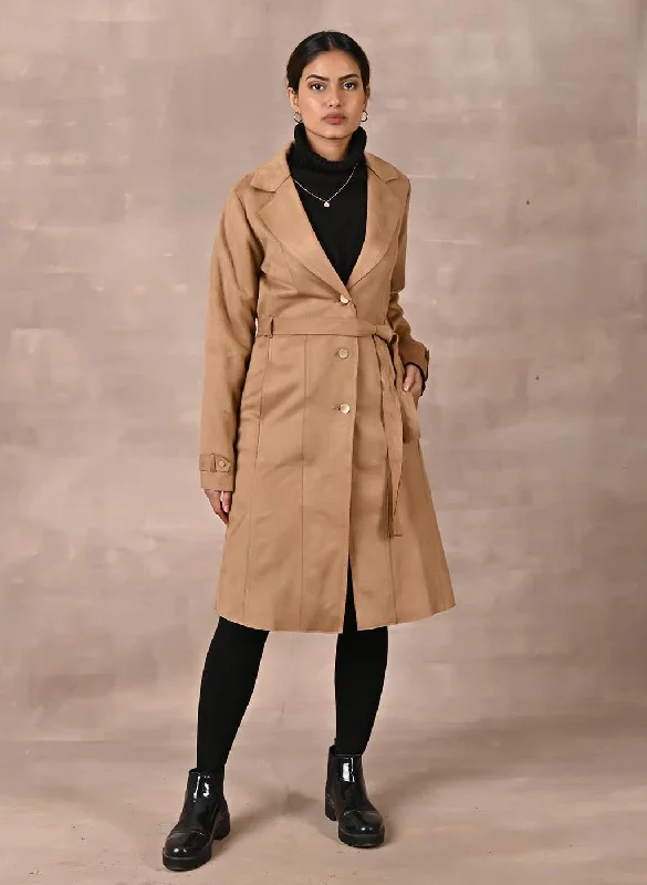 women's sherpa jackets -cotton tunics for women -Beige Full Sleeve Tie Belt Trench Coat