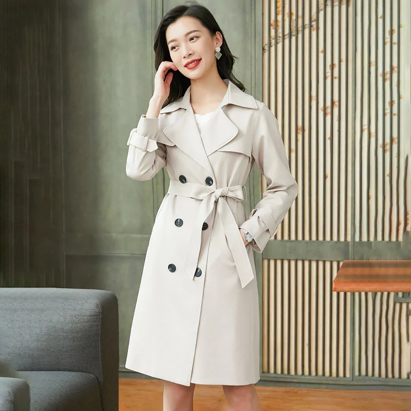 casual hooded jackets for women -oversized tunic tops for women -Custom Double Breasted Tie Waist Flap Beige Trench Coat