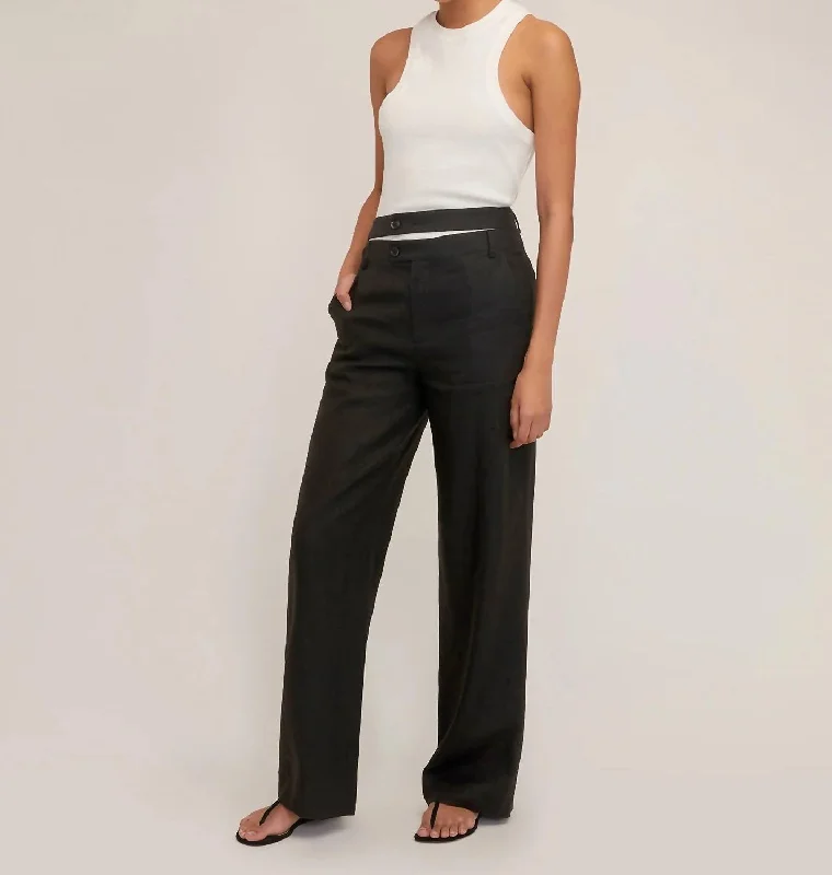 boho style pants for women -sleeveless blouses for work -Theo Linen Double Waist Pants In Black