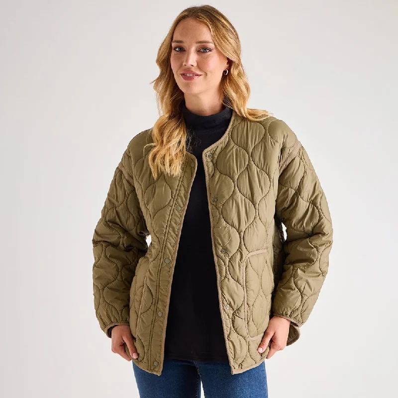 elegant fitted coats for women -cold shoulder tops for women -Ladies Oversized Khaki Quilted Jacket