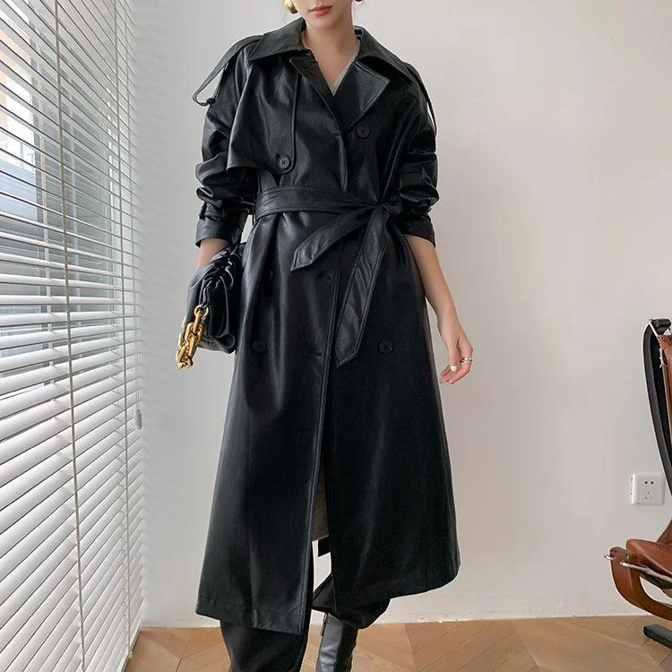 stylish blazers for women -chiffon blouses for women -Faux Leather Long Trench Coat 2 Colors Black Brown