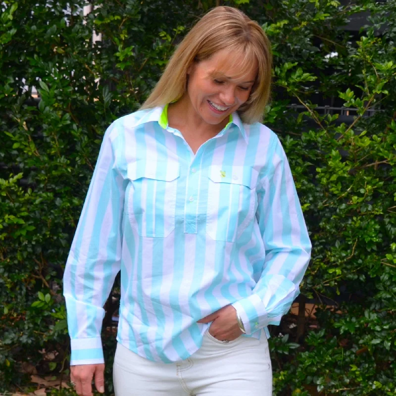 casual long sleeve shirts for women -Ladies Cleland Aqua Stripe - Yellow Trim