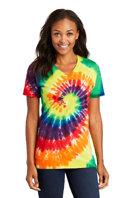 women's pleated tops -Port & Company Womens Tie-Dye Short Sleeve V-Neck T-Shirt - Rainbow