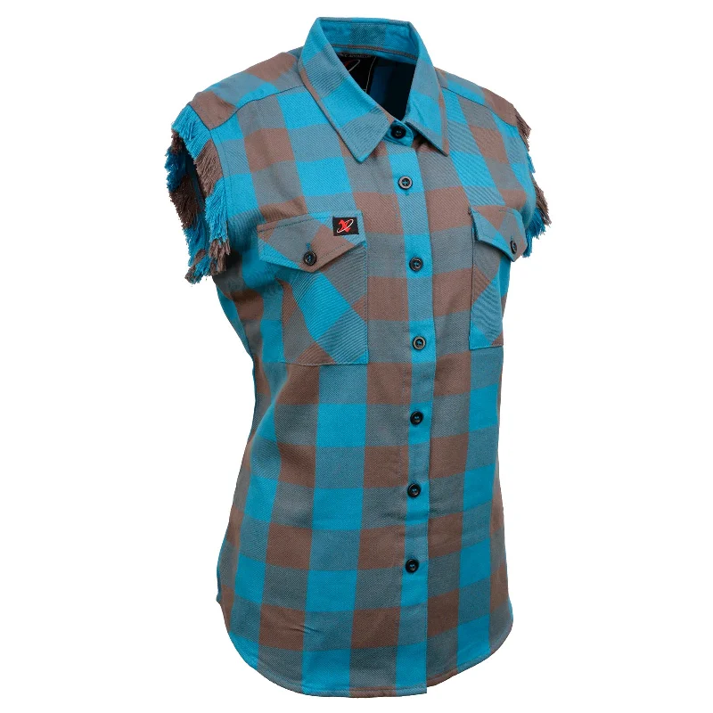 women's velvet tops -Milwaukee Leather MNG21623 Women's Flannel Brown/Aqua Button Down Sleeveless Cut Off Shirt w/ Frill Arm