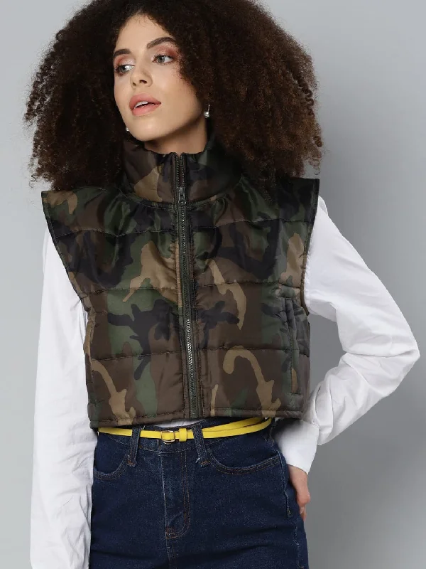 breathable jackets for women -cozy women's tops -Camouflage Sleeveless Puffer Crop Jacket