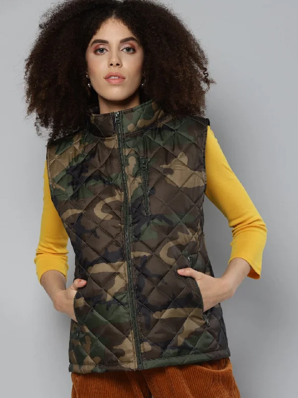 single-breasted coats for women -longline tops for women -Green Camouflage Sleeveless Puffer Jacket