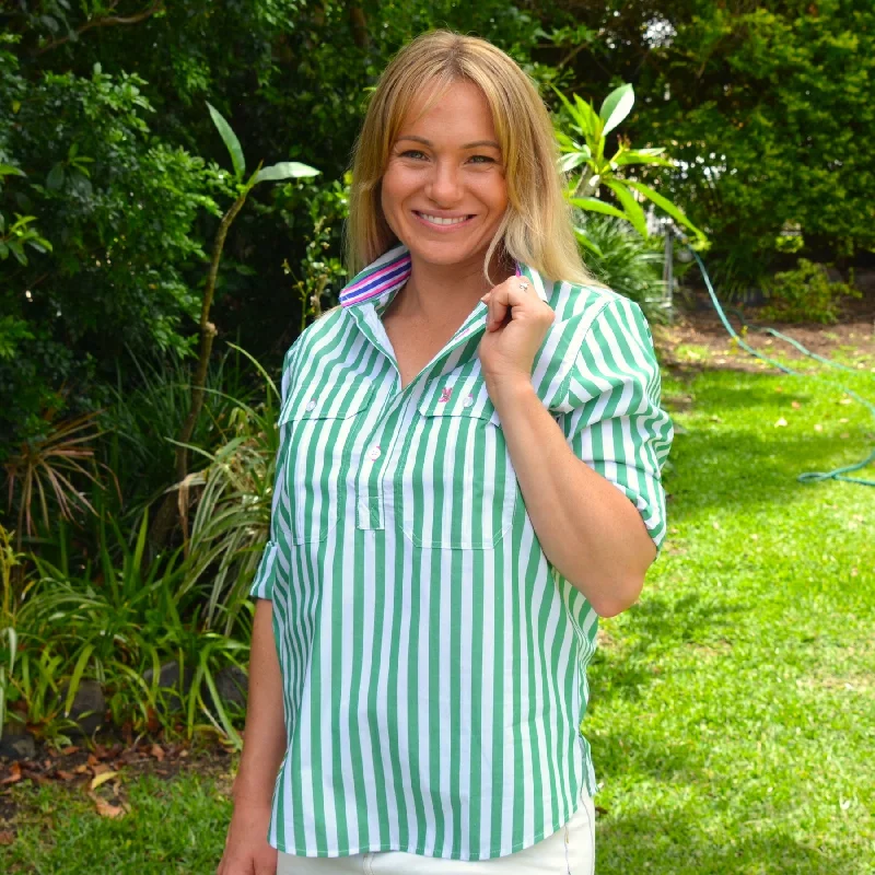 soft fabric tops for women -Ladies Cleland Green Stripe - Ribbon Trim