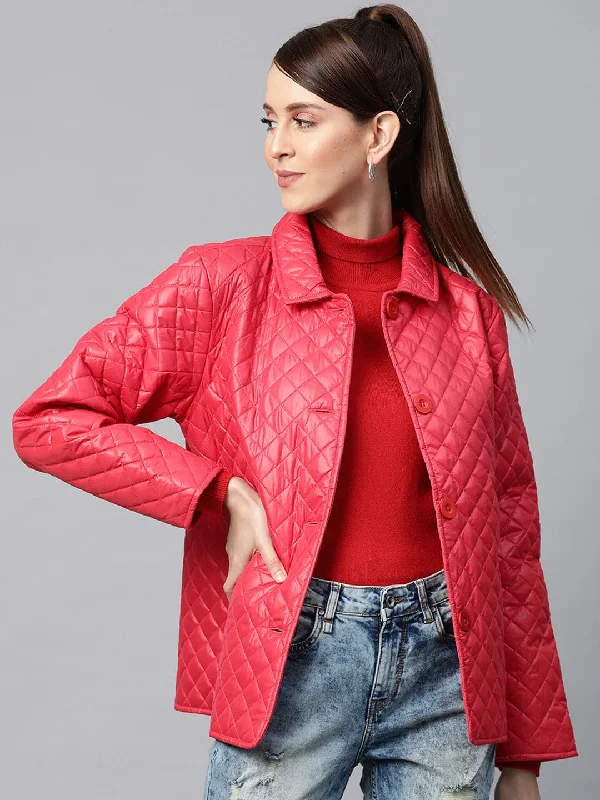 reversible jackets for women -fashionable work tops for women -Red Collared Quilted Puffer Jacket