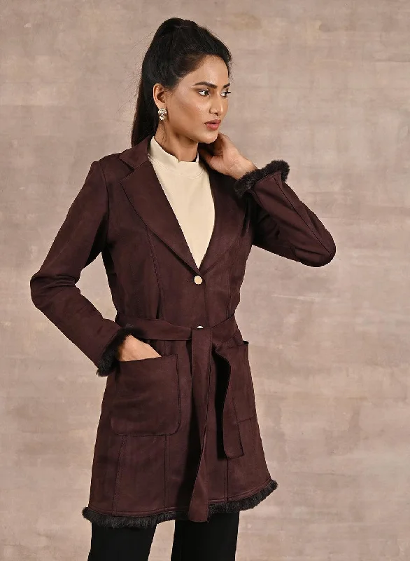 wool blend coats for women -casual long sleeve shirts for women -Brown Long Belted Trench Coat with Fur Detailing