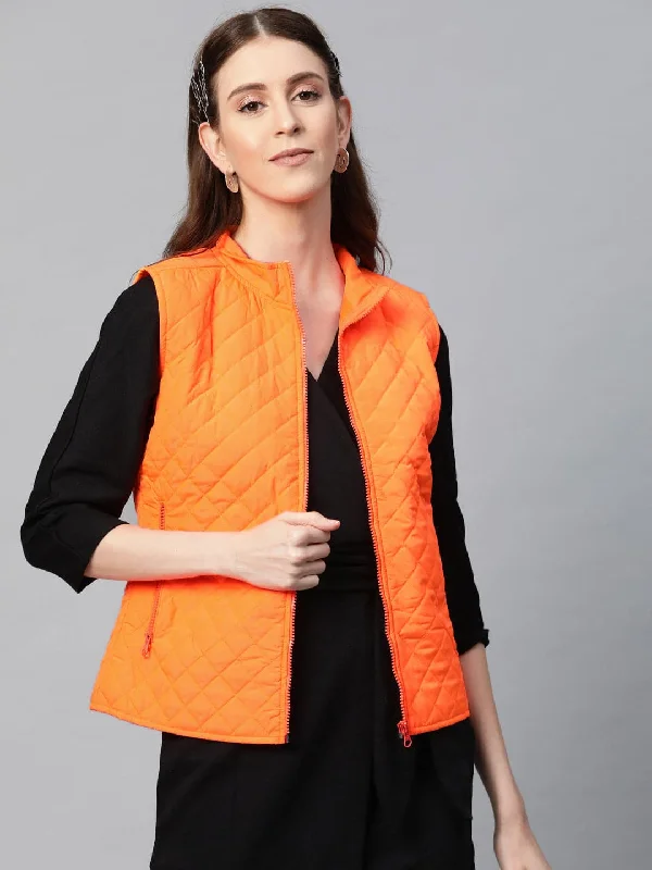 modern trench coats for women -stretchable tops for women -Neon Orange Sleeveless Quilted Puffer Jacket