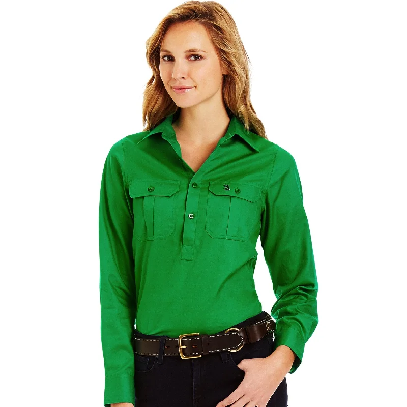 high-neck tops for women -Green Half Button