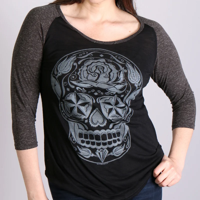 women's halter tops -Hot Leathers GLC3352 Sugar Skull Black and Heather Grey 3/4 Sleeve Ladies Shirt