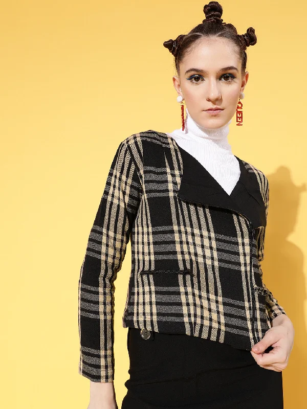 women's winter coats -women's long sleeve blouse -Women Brown Flannel Check Biker Jacket