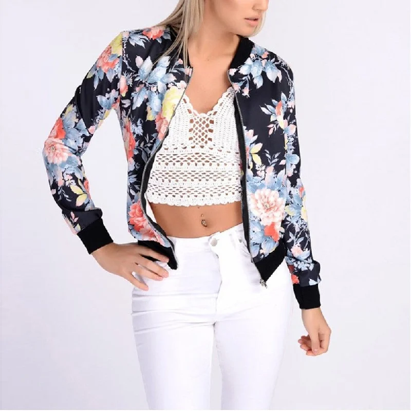 lightweight jackets for women -plus size women's tops -Women Retro Flower Floral Print Jacket Zipper Bomber Collar Slim Coat Casual Outwear Female Autumn Spring Jacket Fashion Ladies