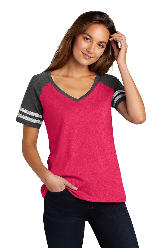 crochet tops for women -District Womens Game Short Sleeve V-Neck T-Shirt - Heather Watermelon Pink/Heather Charcoal Grey