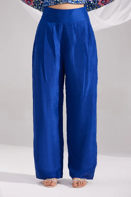 women's athletic pants -women's bohemian tops -Royal Blue Pleated Straight Silk Pant