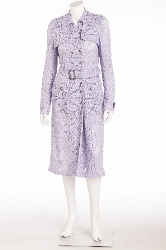 long trench coats for women -casual women's tops -Burberry Prorsum - Editorial Light Purple English Lace Trench Coat with Belt - IT 44