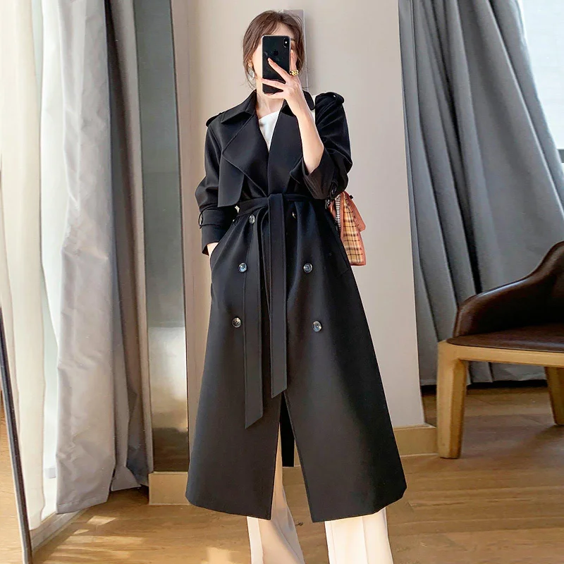 lightweight jackets for women -plus size women's tops -Black Double Breasted Epaulet Trench Coat