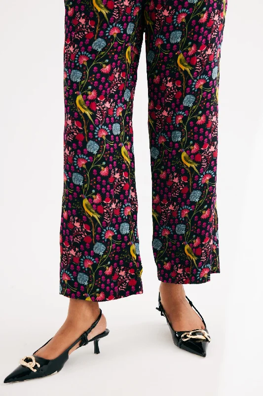 oversized pants for women -draped tops for women -Black Parrot Print Satin Silk Straight Pants