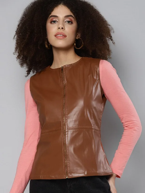 casual hooded jackets for women -oversized tunic tops for women -Brown Sleeveless PU Peplum Jacket