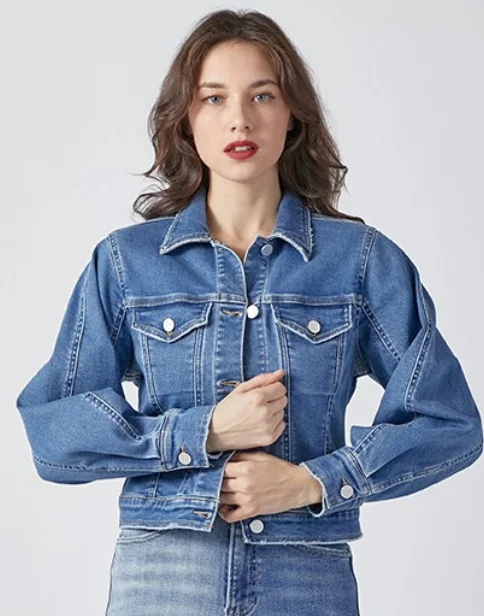 asymmetrical coats for women -wool tops for women -Risen Balloon Sleeve Denim Jacket