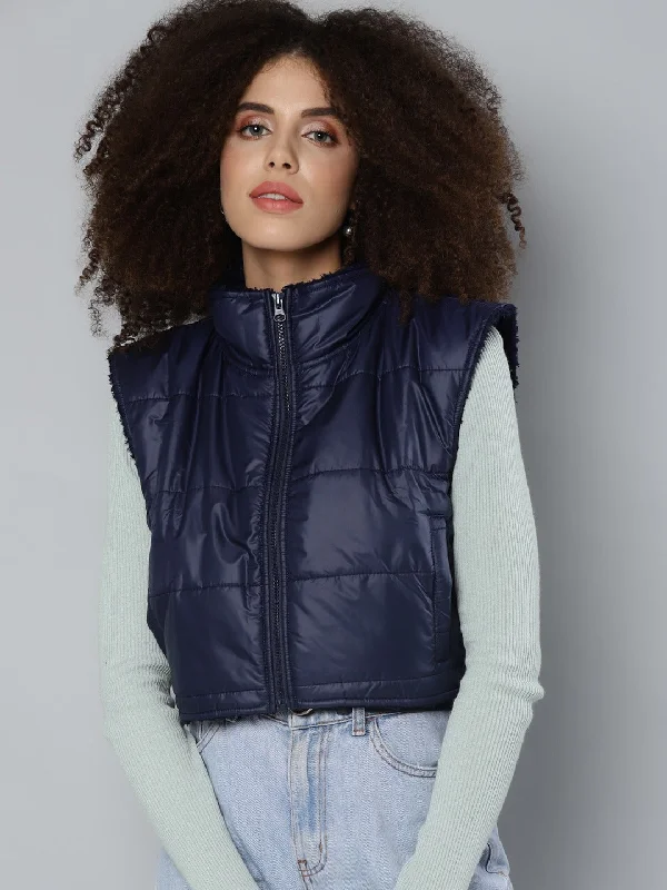 color block jackets for women -tie-front tops for women -Navy Fur Lined Sleeveless Crop jacket