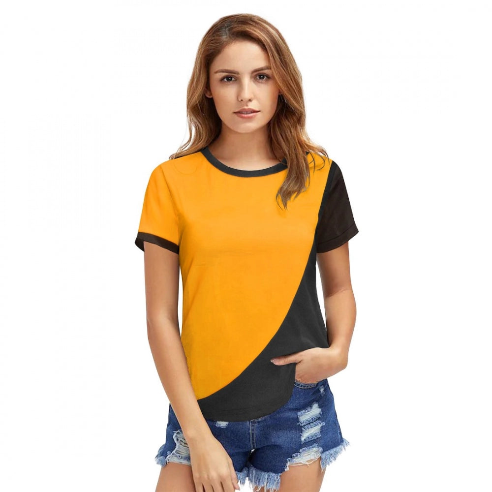 casual blouses with sleeves -Generic Women's Polyester, Knitting Western Wear T-Shirt (Yellow)