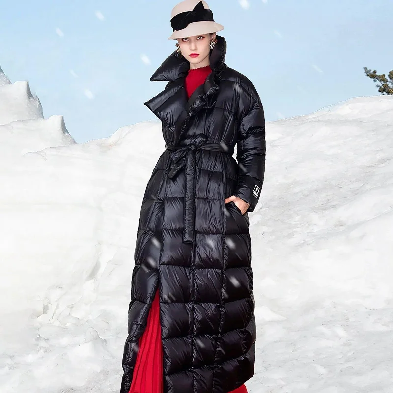 stylish outerwear for ladies -soft touch blouses for women -Waterproof Black Belted Wrap Thicken Down Puffer Maxi Parka