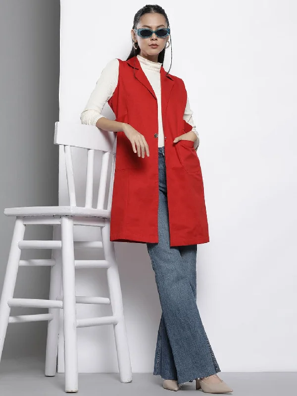 military-style coats for women -trendy crop tops for women -Women Red Twill Longline Sleeveless Jacket