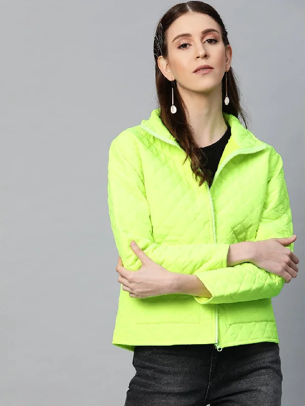 stylish waterfall coats for women -eco-friendly tops for women -Neon Green Flap Pockets Quilted Puffer Jacket